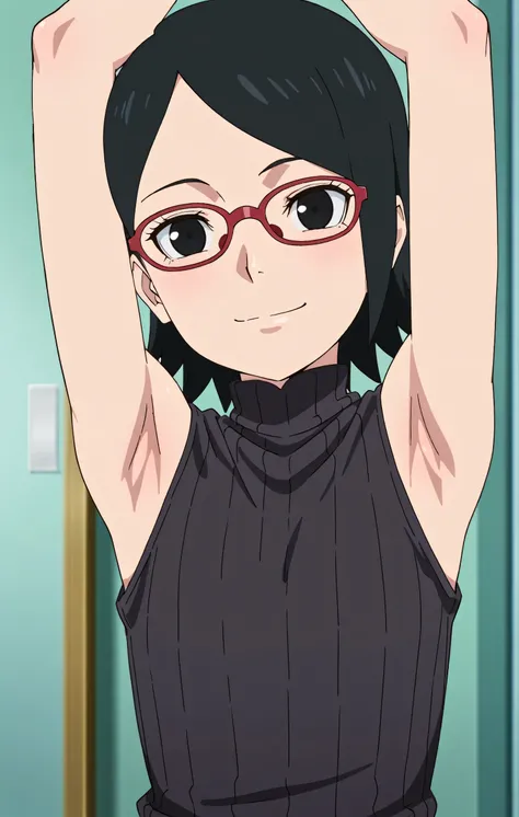 masterpiece, best quality, amazing quality, anime screencap, anime coloring, 1girl, solo, sarada, black eyes, black hair, short hair, glasses, black sweater, sleeveless sweater, ribbed sweater, turtleneck, flat chest, bare shoulders, bare arms, arms up, ra...