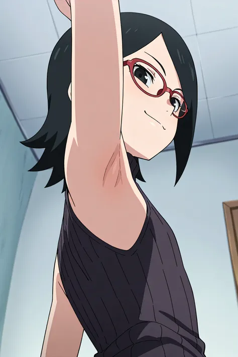 masterpiece, best quality, amazing quality, anime screencap, anime coloring, 1girl, solo, sarada, black eyes, black hair, short hair, glasses, black sweater, sleeveless sweater, ribbed sweater, turtleneck, flat chest, bare shoulders, bare arms, arm up, rai...