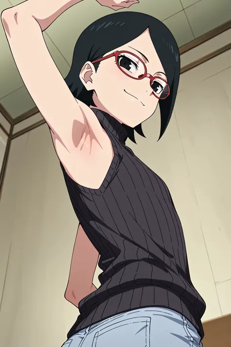 masterpiece, best quality, amazing quality, anime screencap, anime coloring, 1girl, solo, sarada, black eyes, black hair, short hair, glasses, black sweater, sleeveless sweater, ribbed sweater, turtleneck, flat chest, bare shoulders, bare arms, arm up, rai...
