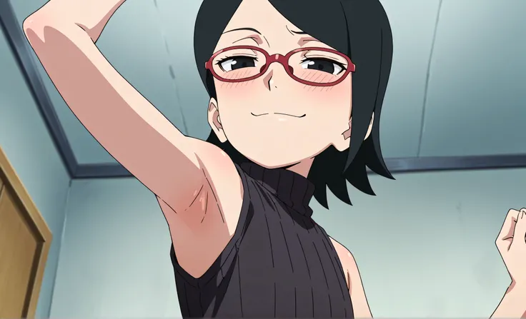 masterpiece, best quality, amazing quality, anime screencap, anime coloring, 1girl, solo, sarada, black eyes, black hair, short hair, glasses, black sweater, sleeveless sweater, ribbed sweater, turtleneck, flat chest, bare shoulders, bare arms, arm up, rai...