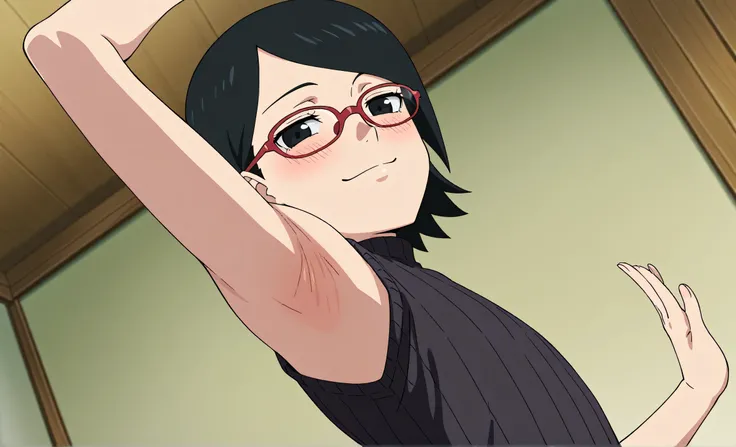 masterpiece, best quality, amazing quality, anime screencap, anime coloring, 1girl, solo, sarada, black eyes, black hair, short hair, glasses, black sweater, sleeveless sweater, ribbed sweater, turtleneck, flat chest, bare shoulders, bare arms, arm up, rai...