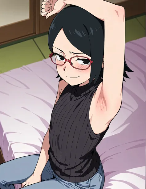 masterpiece, best quality, amazing quality, anime screencap, anime coloring, 1girl, solo, sarada, black eyes, black hair, short hair, glasses, black sweater, sleeveless sweater, ribbed sweater, turtleneck, flat chest, bare shoulders, bare arms, arm on head...