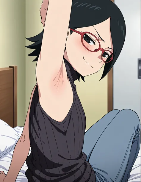 masterpiece, best quality, amazing quality, anime screencap, anime coloring, 1girl, solo, sarada, black eyes, black hair, short hair, glasses, black sweater, sleeveless sweater, ribbed sweater, turtleneck, flat chest, bare shoulders, bare arms, arm up, rai...