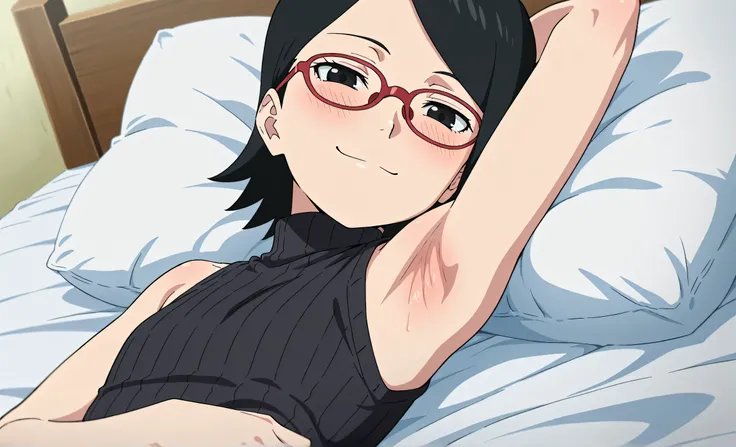 masterpiece, best quality, amazing quality, anime screencap, anime coloring, 1girl, solo, sarada, black eyes, black hair, short hair, glasses, black sweater, sleeveless sweater, ribbed sweater, turtleneck, flat chest, bare shoulders, bare arms, arm up, rai...