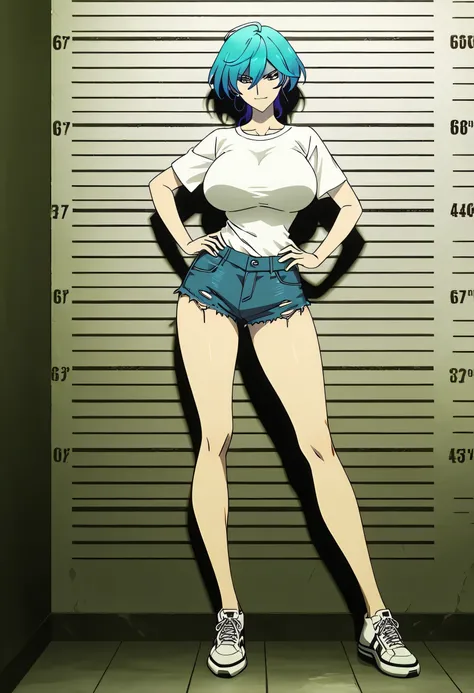 Isemi Tina , Blue hair, big breasts , white Tight T Shirt , denim shorts , sly face , hand on hip , Long legs , casual stance , sneakers , mugshot room