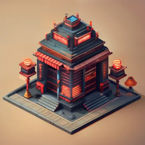 isometric, small shop with vending machine, cycle near the shop leaning against the wall, a lamp post, a cat near lamp post