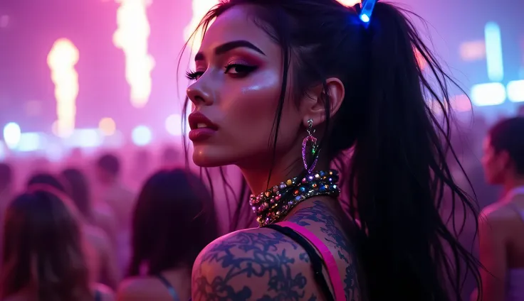 Cinematic close-up of a BEAUTIFUL BRUNETTE woman, TRIBAL TATTOOS, LONG BLACK HAIR WITH BLUE STICK, hair with LED AND COLORFUL RIBBONS wearing a BLACK WITH HOT PINK rave top, LED choker, skin covered in glitter, standing near the speakers with her hair blow...