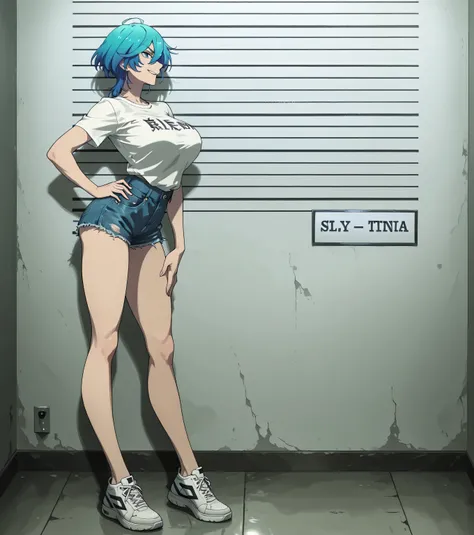 Isemi Tina , Blue hair, big breasts , white Tight T Shirt , denim shorts , sly face , hand on hip , arched back , Long legs , casual stance , sneakers , mugshot room