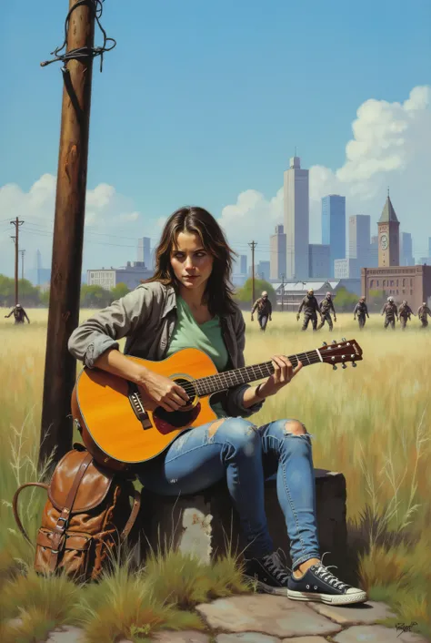 realistic high quality oil painting, very detailed image, contemporary post-apocalyptic style with a strong emotional charge and visual narrative.

A beauty Young Caucasian woman with a sun-tanned face, brown hair, smooth and disheveled , is sitting on tal...