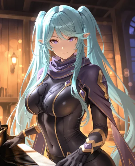 masterpiece, best quality, 1girl, solo,   epsil0n, pointy ears, very long hair, sidelocks, aqua hair, twintails, purple scarf, black bodysuit, gold trim, black gloves, medium breasts, upper body, night, tavern room, playing piano, bokeh, looking at viewer,...