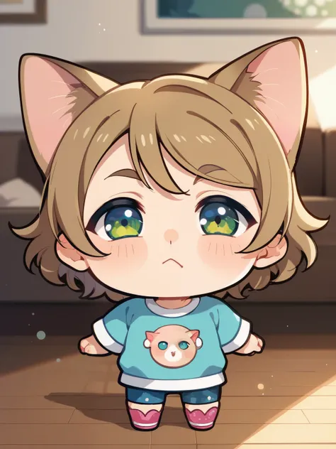 score_9, score_8_up, score_7_up, score_6_up, Source_Anime, nsfw，( chibi:1.5)，a young little kindergarten girl，baby-like face， big head，round face，skinny:1.ung ，Create a graceful Siamese cat, walks around the living room looking bored ， love live style，glit...