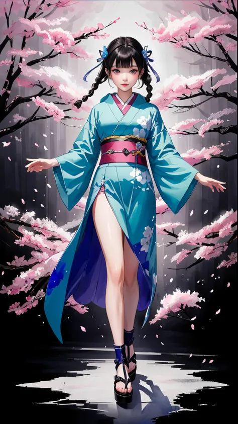 (((ink painting))), (((Kyoto))), (((1 girl))), (((Full Body))), (((very flashy hair accessories))), ((( Very heavy makeup )))), Japan  ese pattern hoodie, Wears a Hood, put your hands in pockets, 花魁風Japan人の美女,   beautiful expression 、Delicate and accurate ...
