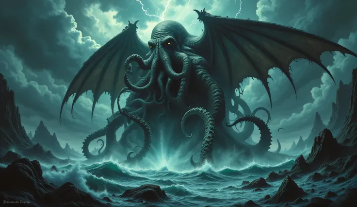 Cthulhu rising from the ocean, the sky is overwhelmed with dark clouds and lightning, surreal, dark fantasy, Lovecraftian, high detail, masterpiece.