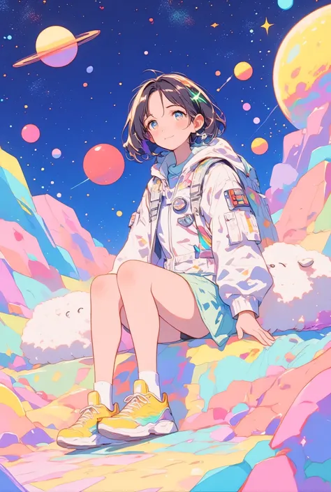 Cozy and pastel pop art anime style, whimsical and imaginative outer space scene, young anime girl sitting on a colorful rocky surface in a white astronaut suit with colorful accents, yellow sneakers with white laces, light blue skirt, white jacket with ra...