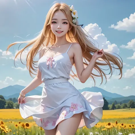 (masterpiece,best quality: 1.4),(8k,raw photo,photo realistic:1.2),shiny skin, detailed skin,detailed face,detailed eyes,Japanese idol,beautiful face, Wide meadow, blue sky, countryside scene, one beautiful girl, fair face, petite, (blond hair, twin-tail h...