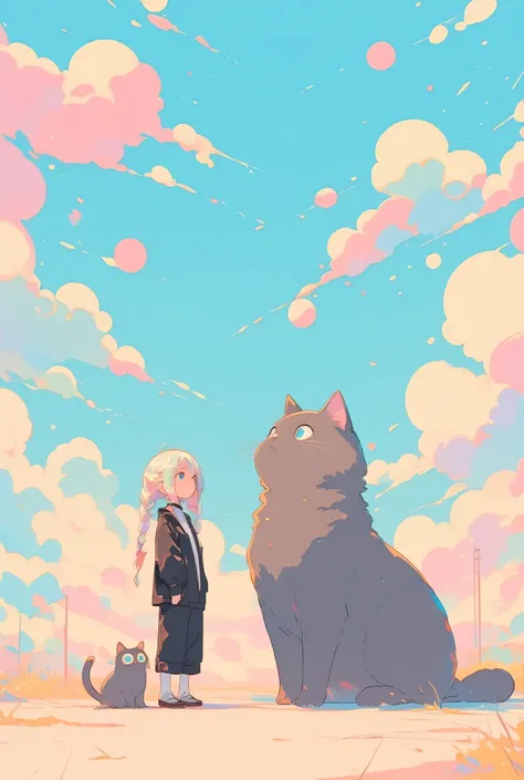 Cozy and pastel pop art anime style illustration of a large, fluffy gray cat with wide, surprised eyes, sitting beside a young girl with long pastel-colored hair tied into soft braids. The girl wears a black outfit with a soft white collar, pastel glasses,...