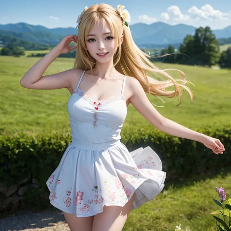 (masterpiece,best quality: 1.4),(8k,raw photo,photo realistic:1.2),shiny skin, detailed skin,detailed face,detailed eyes,Japanese idol,beautiful face, Wide meadow, blue sky, countryside scene, one beautiful girl, fair face, petite, (blond hair, twin-tail h...