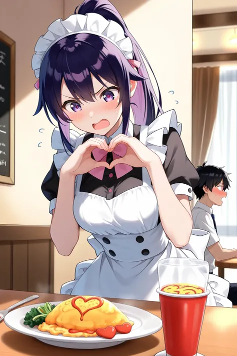 rating_safe, (1 girl,1 boy:1.4), (masterpiece,best quality:1.4),((High Detail)), beautiful shadows, anime style, medium breasts, with boy,maid cafe。pink maid clothes。purple ponytail。the maid is grumpy。with open mouth, open mouth,  omelette、heart-shaped ket...