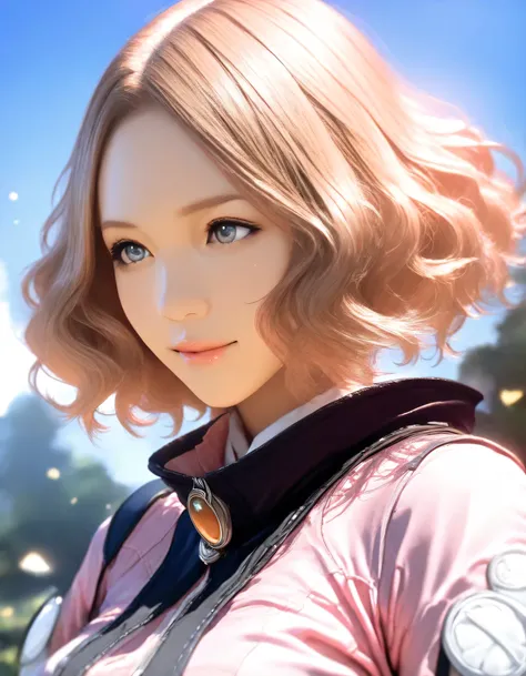 1girl, okumura haru, final fantasy, year 2019, upper body, FINAL FANTASY XIII, blue sky, masterpiece, high score, great score, absurdres, 16k, Ultra detailed, (photorealistic : 0.5)