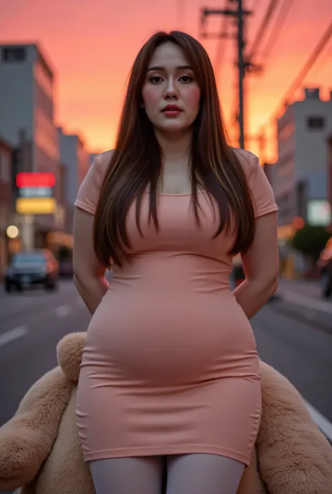 rambut LURUS menutupi telinga perfectly, closing mouth, Wearing peach cotton mini dress , view from the front,  both hands lying behind back, twilight is red atmosphere, FRONT IMAGE, red lips (translucent high waist white leggings closing center),  overwei...