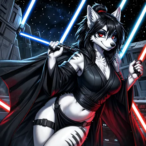 ((masterpiece,best quality)), 4k, highres, white wolf, long messy emo spiky black hair, 1girl, female, solo, smile, , gothic makeup, red iris eyes, black pupils, curvy body, jedi, star wars, anatomy correct