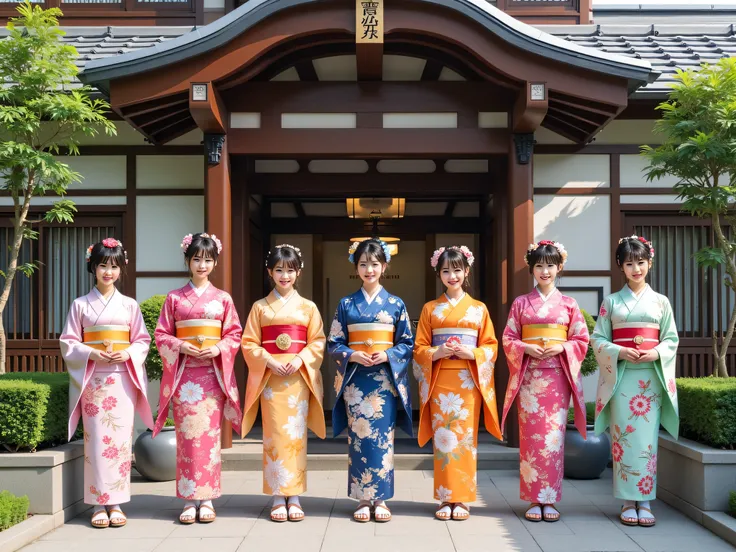 Japanese idols in kimono line up in front of the front entrance of a long-established hot spring inn to welcome customers