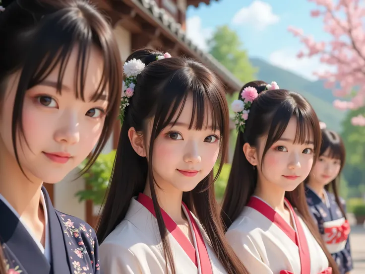 Japanese buddies in Japanese clothes line up in front of the front entrance of a long-established hot spring inn to welcome customers、Beautiful girls who look like idols