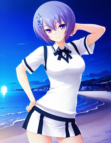 shiina miyako, purple hair, short hair, purple eyes, hair ornament, medium breast, short sleeves, white sweater vest, white shirt, white skirt, neck ribbon, black ribbon, game screencap, high quality, solo, night sky, beach, hand behind head, hand on hip, ...