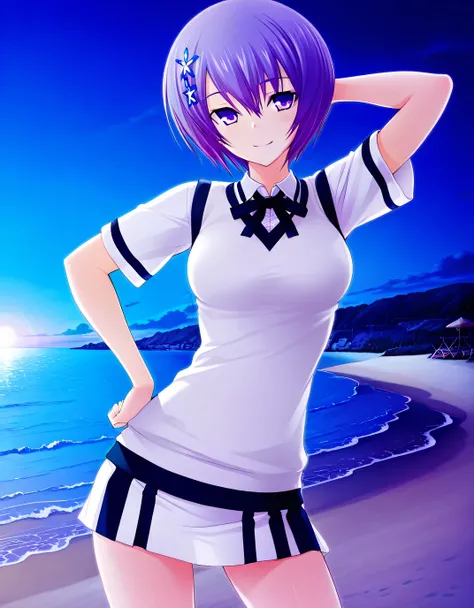 shiina miyako, purple hair, short hair, purple eyes, hair ornament, medium breast, short sleeves, white sweater vest, white shirt, white skirt, neck ribbon, black ribbon, game screencap, high quality, solo, night sky, beach, hand behind head, hand on hip, ...