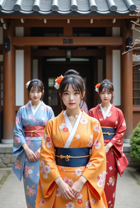 Live action footage of beautiful Japanese girls in kimonos lining up in front of the front entrance of a long-established hot spring inn