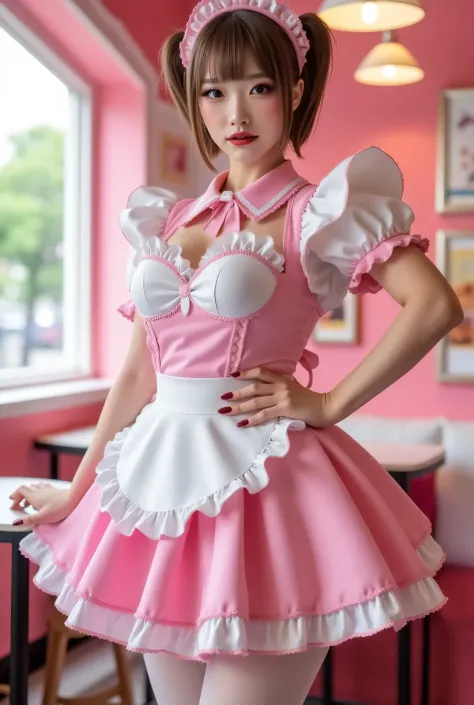 Standing posture.
Highest quality, masterpiece, colorful to keep.
Pink and white maid uniforms, A-line dress, swing dress, flare dress, circular skirt, thighs wearing pantyhose.
Super beautiful Japanese girl, makeup, long false eyelashes, eyeshadows, eyeli...