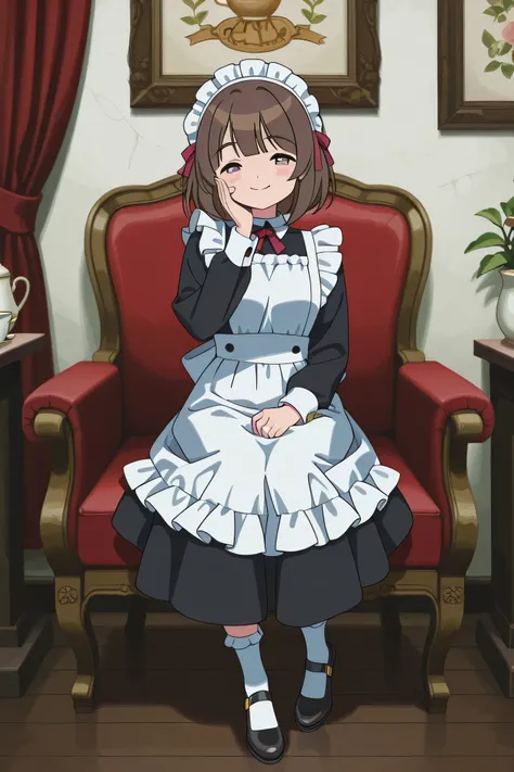 Highest Quality、real style、masterpiece、Detailed Background、Portrait Photo、soft background blur、natural skin tone、Soft brown hair、Maid cafe interior、a scene where a cute maid with a smile brings tea、The background is a classical European style interior、wood...