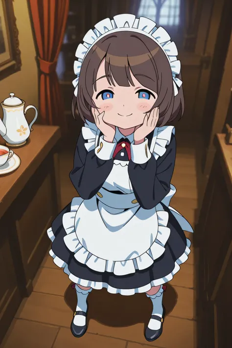 Highest Quality、real style、masterpiece、Detailed Background、Portrait Photo、soft background blur、natural skin tone、Soft brown hair、Maid cafe interior、a scene where a cute maid with a smile brings tea、The background is a classical European style interior、wood...