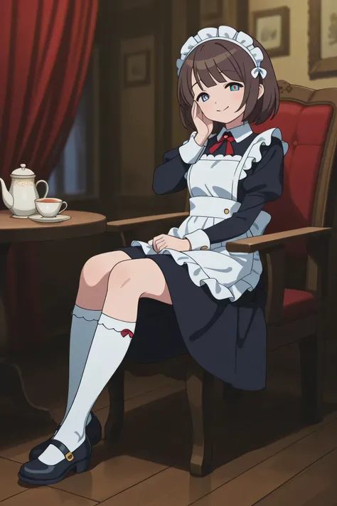 Highest Quality、real style、masterpiece、Detailed Background、Portrait Photo、soft background blur、natural skin tone、Soft brown hair、Maid cafe interior、a scene where a cute maid with a smile brings tea、The background is a classical European style interior、wood...
