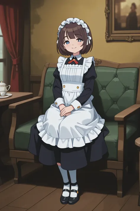 Highest Quality、real style、masterpiece、Detailed Background、Portrait Photo、soft background blur、natural skin tone、Soft brown hair、Maid cafe interior、a scene where a cute maid with a smile brings tea、The background is a classical European style interior、wood...
