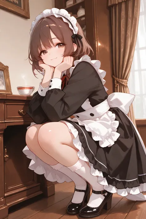 Highest Quality、real style、masterpiece、Detailed Background、Portrait Photo、soft background blur、natural skin tone、Soft brown hair、Maid cafe interior、a scene where a cute maid with a smile brings tea、The background is a classical European style interior、wood...