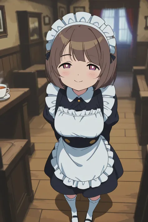 Highest Quality、anime style、masterpiece、Detailed Background、Portrait Photo、soft background blur、natural skin tone、Soft brown hair、Maid cafe interior、a scene where a cute maid with a smile brings tea、The background is a classical European style interior、woo...