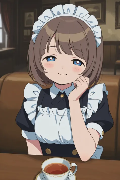 Highest Quality、anime style、masterpiece、Detailed Background、Portrait Photo、soft background blur、natural skin tone、Soft brown hair、Maid cafe interior、(A cute maid with a smile brings tea:1.3)、The background is a classical European style interior、wooden furn...