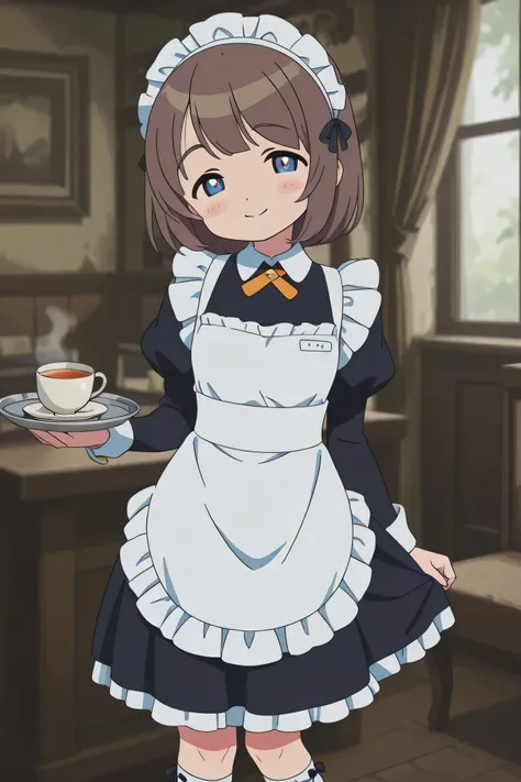 Highest Quality、anime style、masterpiece、Detailed Background、Portrait Photo、soft background blur、natural skin tone、Soft brown hair、Maid cafe interior、(A cute maid with a smile brings tea:1.3)、The background is a classical European style interior、wooden furn...
