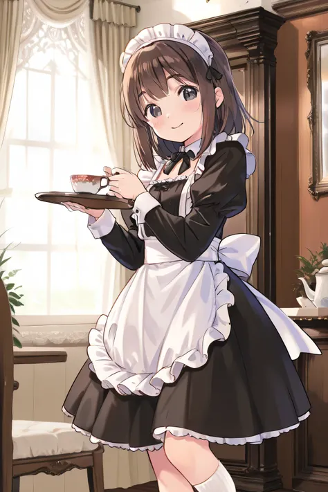 Highest Quality、anime style、masterpiece、Detailed Background、Portrait Photo、soft background blur、natural skin tone、Soft brown hair、Maid cafe interior、(A cute maid with a smile brings tea:1.3)、The background is a classical European style interior、wooden furn...