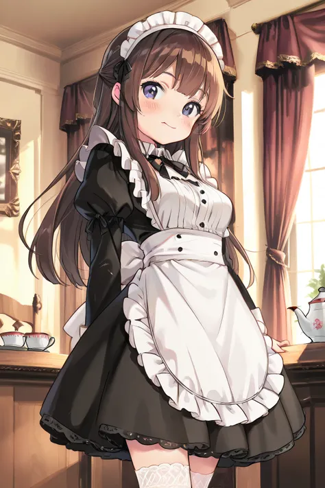 Highest Quality、anime style、masterpiece、Detailed Background、Portrait Photo、soft background blur、natural skin tone、Soft brown hair、Maid cafe interior、(A cute maid with a smile brings tea:1.3)、The background is a classical European style interior、wooden furn...
