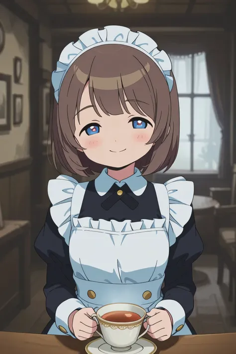 Highest Quality、anime style、masterpiece、Detailed Background、Portrait Photo、soft background blur、natural skin tone、Soft brown hair、Maid cafe interior、(A cute maid with a smile brings tea:1.3)、The background is a classical European style interior、wooden furn...
