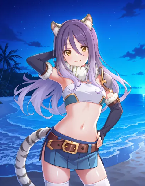 shiori, long hair, hair between eyes, multicolored hair, purple hair, light purple hair, yellow eyes, tiger ears, tiger tail, scarf, tube top, single shoulder pad, fur trim, midriff, elbow gloves, fingerless gloves, brown belt, blue skirt, white thighhighs...