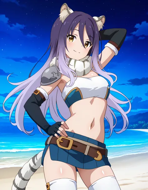 shiori, game screencap, long hair, hair between eyes, multicolored hair, purple hair, light purple hair, yellow eyes, tiger ears, tiger tail,
scarf, tube top, single shoulder pad, fur trim, midriff, elbow gloves, fingerless gloves, brown belt, blue skirt, ...