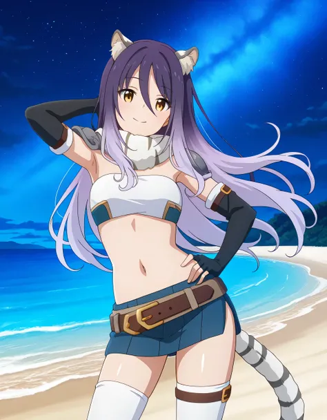 shiori, game screencap, long hair, hair between eyes, multicolored hair, purple hair, light purple hair, yellow eyes, tiger ears, tiger tail,
scarf, tube top, single shoulder pad, fur trim, midriff, elbow gloves, fingerless gloves, brown belt, blue skirt, ...