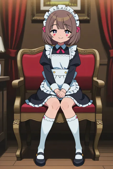 Highest Quality、real style、masterpiece、Detailed Background、Portrait Photo、soft background blur、natural skin tone、Soft brown hair、Maid cafe interior、cute maid with a smile、heart mark、The background is a classical European style interior、wooden furniture and...