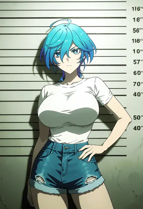 Isemi Tina , Blue hair, big breasts , white Tight T Shirt , denim shorts , hand on hip , arched back , casual stance , mugshot room