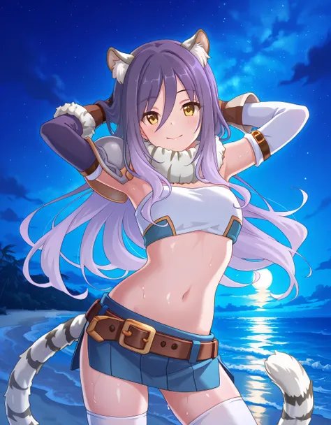 shiori, long hair, hair between eyes, multicolored hair, purple hair, light purple hair, yellow eyes, tiger ears, tiger tail, scarf, tube top, single shoulder pad, fur trim, midriff, elbow gloves, fingerless gloves, brown belt, blue skirt, white thighhighs...