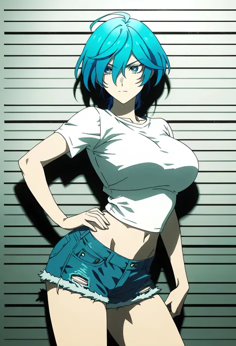 Isemi Tina , Blue hair, big breasts , white Tight T Shirt , denim shorts , hand on hip , arched back , casual stance , groin , mugshot room