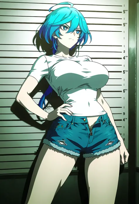 Isemi Tina , Blue hair, big breasts , white Tight T Shirt , denim shorts , unzipped , zipper open wide , hand on hip , arched back , casual stance , mugshot room